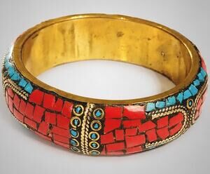 Brass Bangle Bracelet, Turquoise Blue Red Enamel Boho Jewelry bn-1